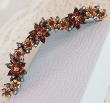 Vintage  Large Curved Signed SNK Brown Crystal Rhinestone Flower Hair Comb