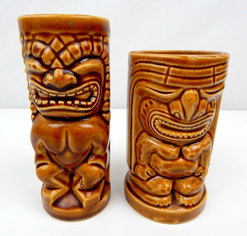 1R Pair Of Orchids Of Hawaii Tiki Mugs Brown Glaze Japan 2 Styles - 第 1/6 張圖片