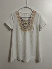 Lake Flower Womens Dress Mini Short Sleeve Embroidered White Stretch Size Small