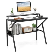 Home Office Desk w/Monitor Stand, Open Shelf & Metal Frame, Earphone Hook