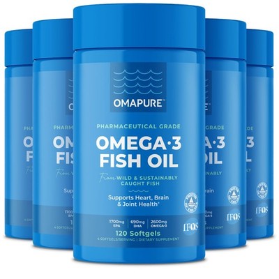 OMAPURE Fish Oil Supplements with Omega 3 Fatty Acids 5 Bottle, 120 Softgels -