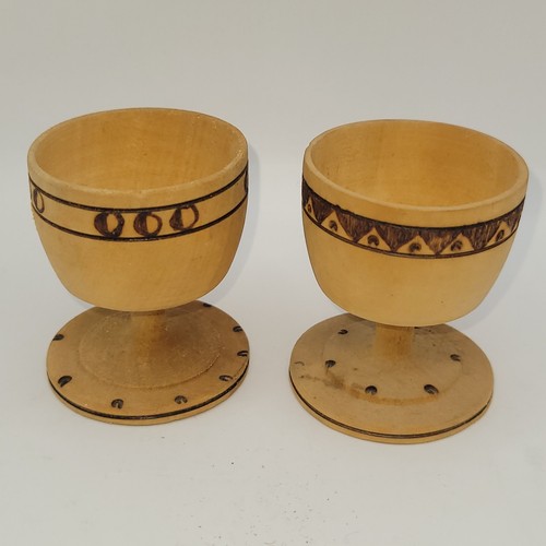Pair Wood Pedestal Egg Cups burned designs rustic look
