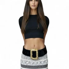 Streets Ahead Vintage black Wide Leather Belt Large Gold Buckle boho whimsigoth