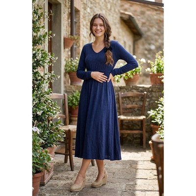 Bobeau Navy Blue Cozy Knit Midi Dress V-Neck Long Sleeve Belted Tie Waist M