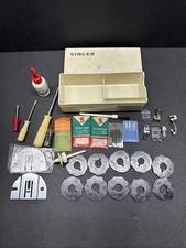 Vintage Singer Sewing Machine Accessories Box Parts Needles Feet Zigzag Template
