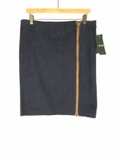 NWT Lauren Ralph Lauren Denim Leather Trim Skirt Petite Size 12 Zip-Up / Down