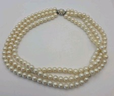 Vintage Japan 3 Strand Faux Pearl Choker Necklace Rhinestone Clasp Retro Classic