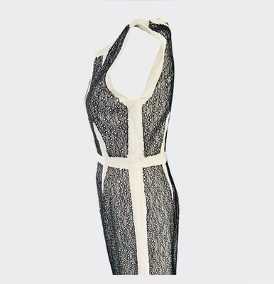 bcbg cream lace dress BCBGMAXAZRIA Black cream Lace Sheath Dress Sleeveless Knee Length Round  Neck