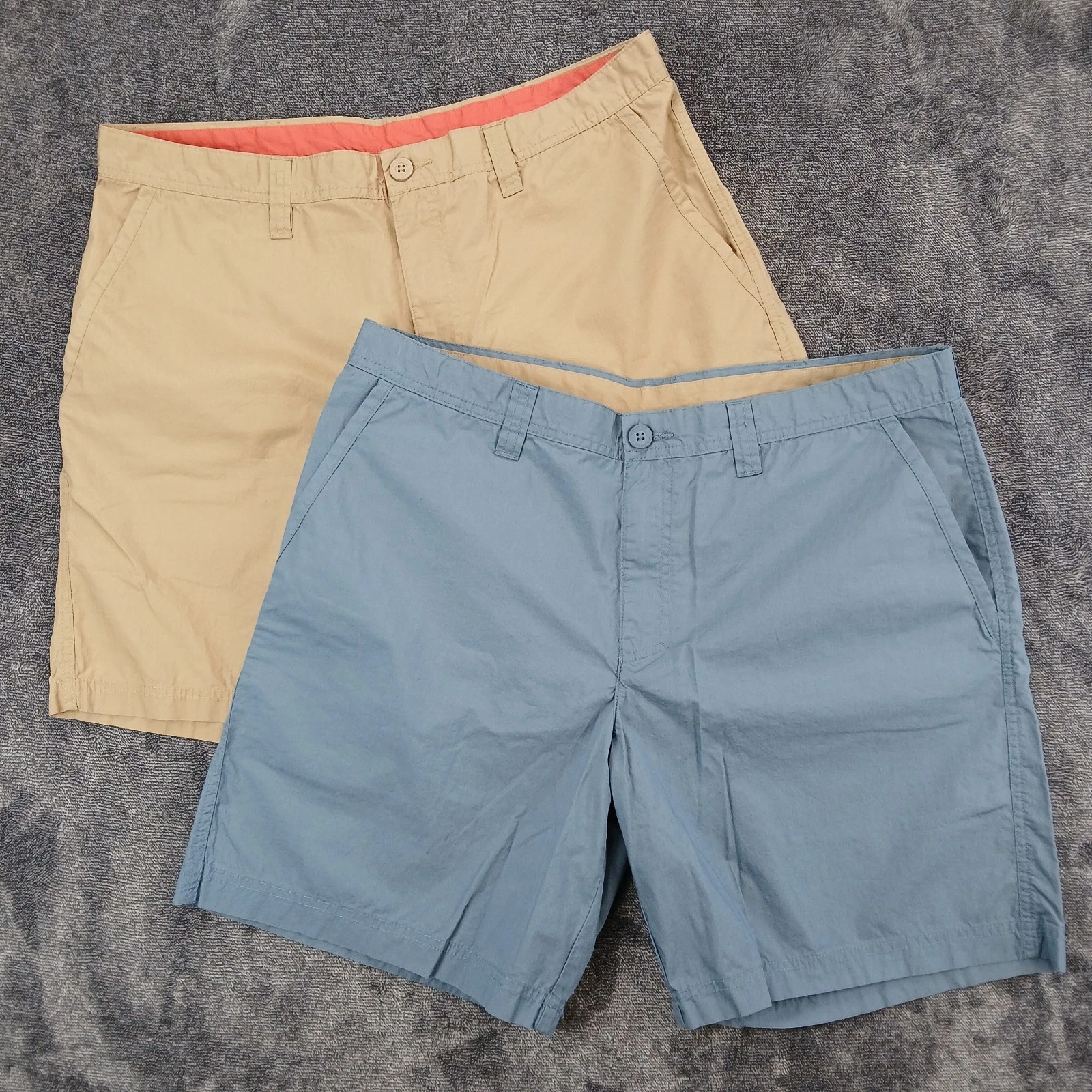 2 Columbia Washed Out Shorts Mens 38x8 Khaki Blue Cotton Poplin Chino Casual