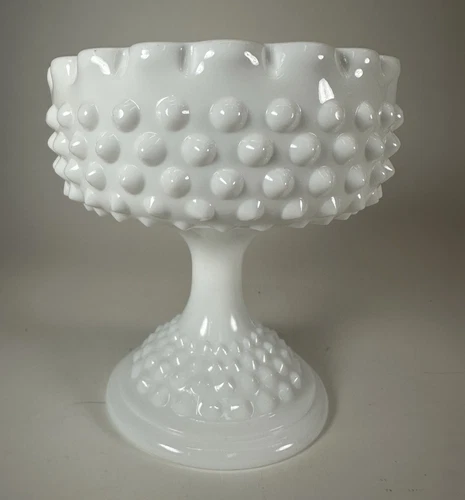 Vintage White Milk Glass Hobnail Pedestal Compote Candy Dish Scalloped Rim