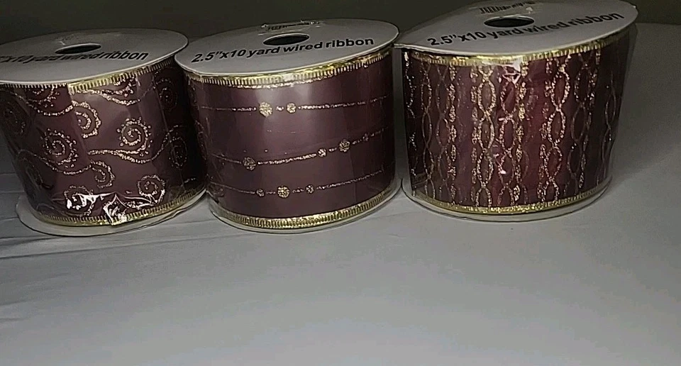 Burgundy Gold Christmas Craft Ribbon 2.5"x 10 Yard wired Lot Of 3 NEW unbranded  - Image 2 of 4
