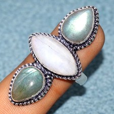 925 Silver Plated Long Rainbow Moonstone Fiery Labradorite Ring US 10 Jewels GW