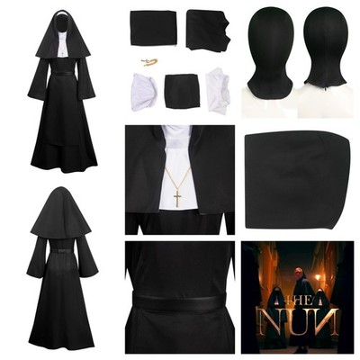 Movie The Nun 2 Cosplay Lady Nun Costume+Mask Halloween Carnival  Black fullSuit