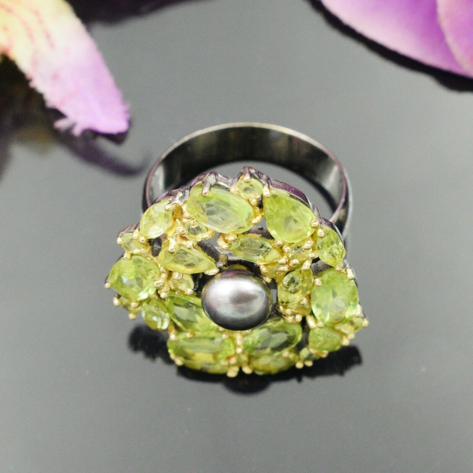 925 Sterling Silver  Black Pearl Gemstone Natural Peridot Ring Jewelry Wife Gift - Image 2 of 4