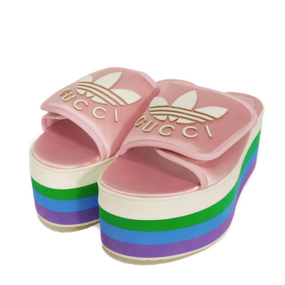 GUCCI Sandals Trefoil Platform 38 1/2 Pink Thick Sole Multicolor 25.5cm Logo Sil