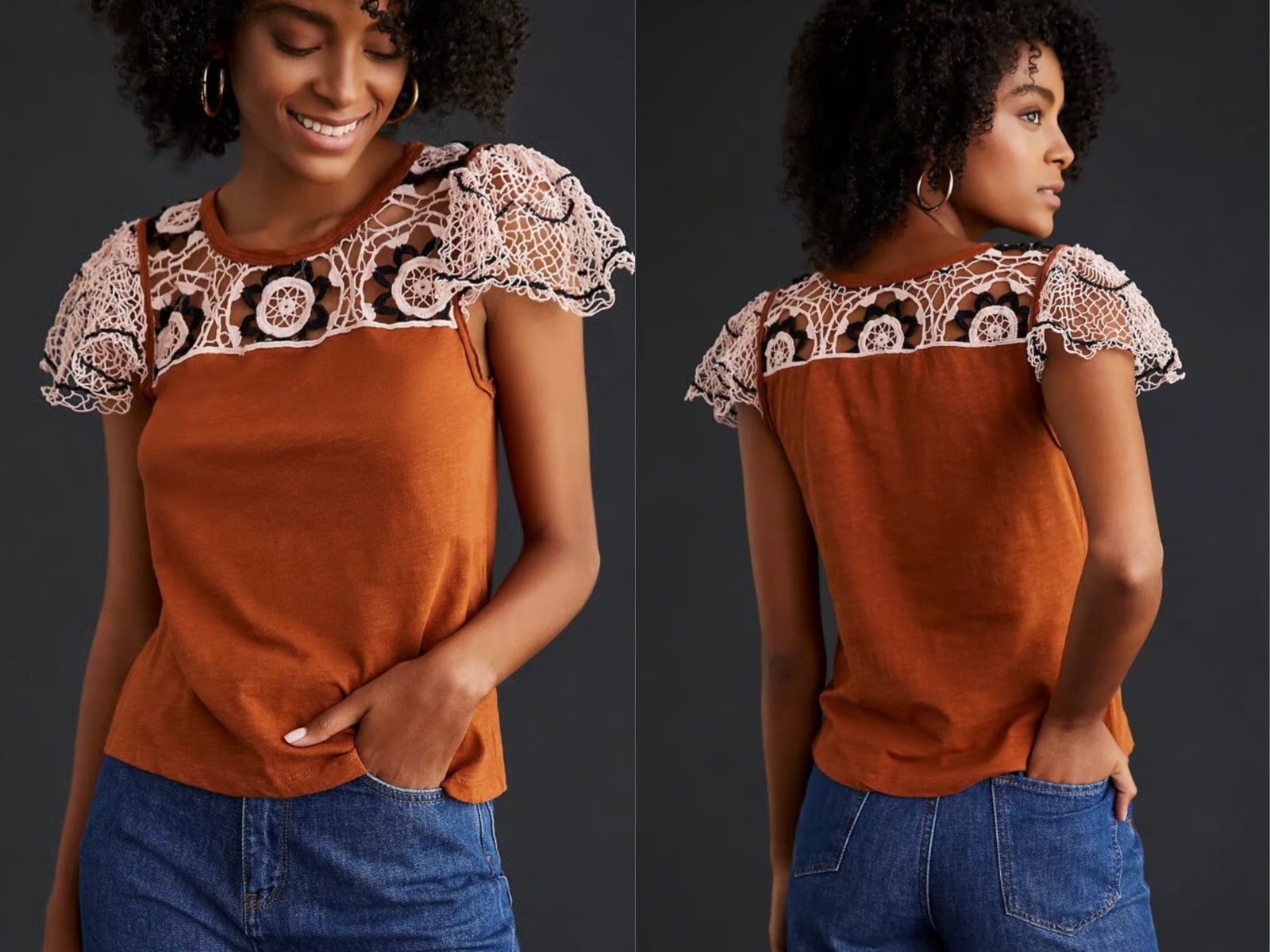 Anthropologie Women's XS Lace Net Flutter Sleeve Crochet Yoke Top in Cedar eBay