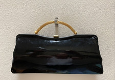 Vintage 1960s MOD BLACK Patent Vinyl Long Purse Handbag Clutch Bag Gold Handle