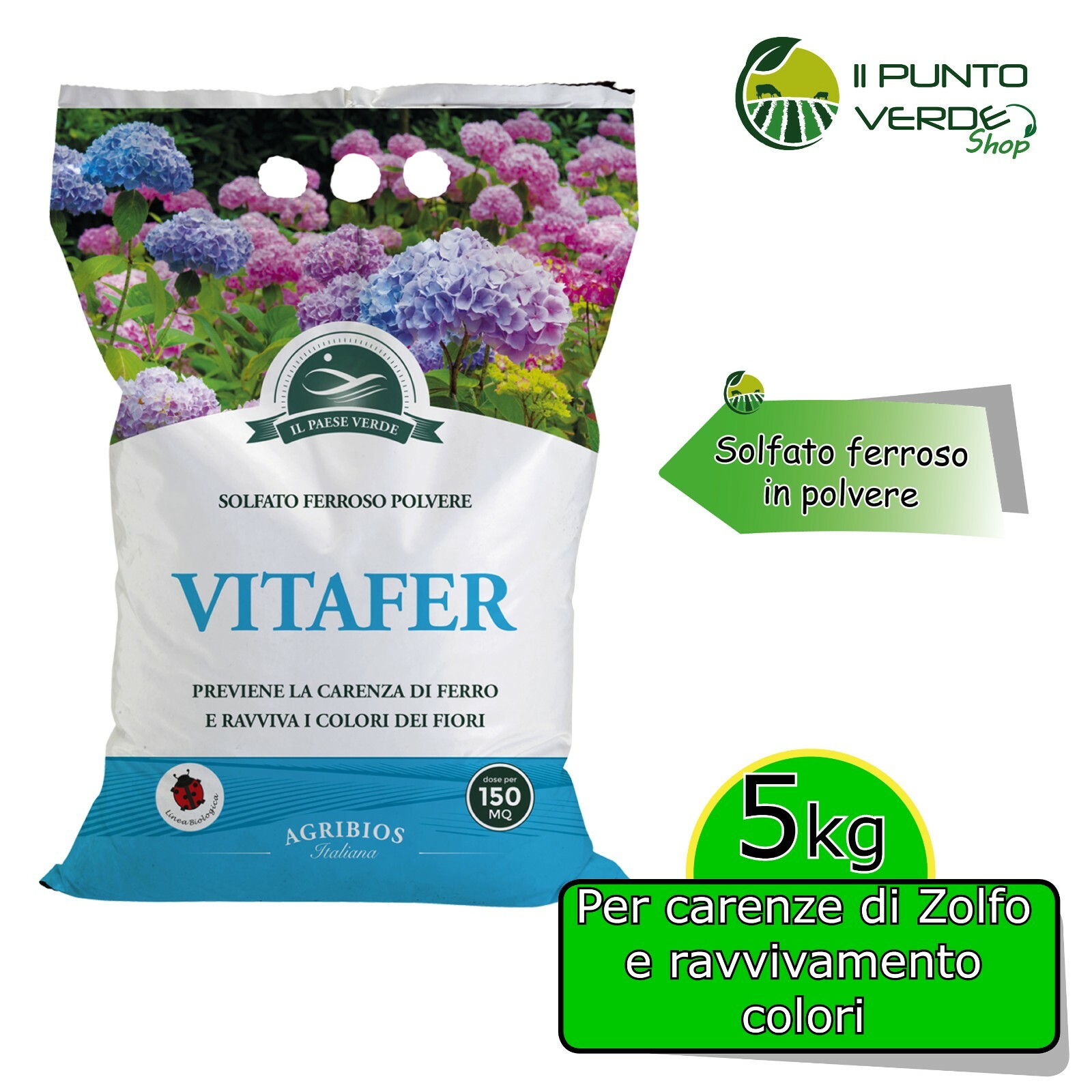 SOLFATO DI FERRO FERROSO IN POLVERE 5 KG RINVERDENTE PER PRATO E RIAVVIVA FIORI