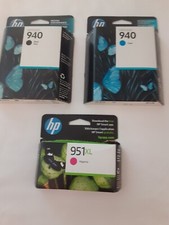 Three HP Genuine Ink Cartridges 2-940's (1 blk 1 cyan) 1-950XL (magenta)