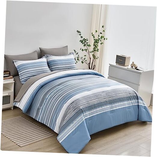 7 Piece Bed in a Bag Stripe Comforter Set Queen Queen(7 Piece Set) Light Blue