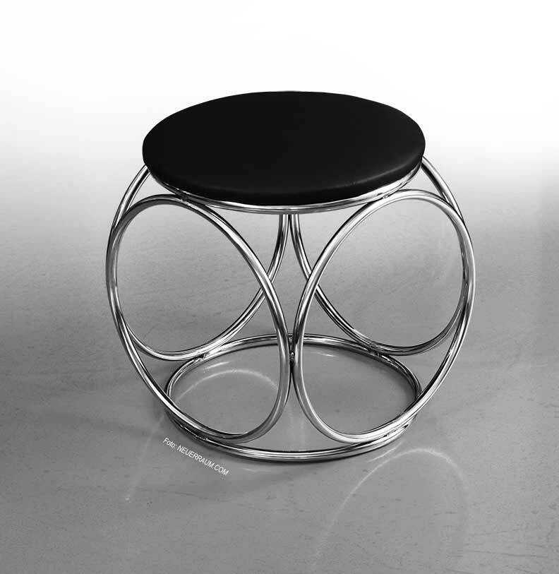 Pequeño Redondo Bauhaus Cuero Taburete Blanco O Negro Pie Acero Inoxidable - Imagen 2 de 3