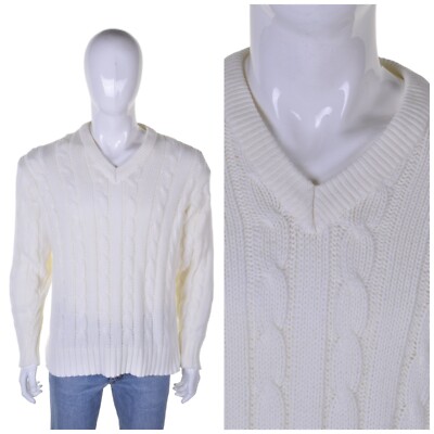 Vintage Aran Pullover L Grob Zopfmuster Arran Angler Kricket V-Ausschnitt