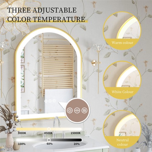 Widen Illuminate LED Arch Bathroom Mirror Antifog 3Button Gold Frame Energy Save - Picture 9 of 16