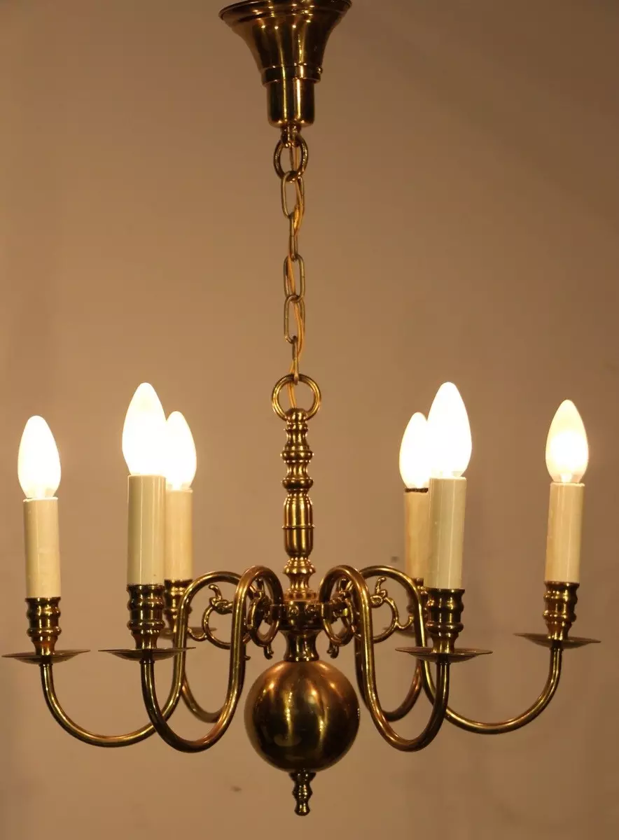 Antique vintage brass Dutch chandelier five arms ornate dragon head scrolls 1920