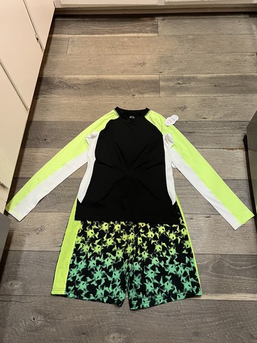 NWT Wonder Nation neon floral swim trunks shorts with rash guard XL 14-16