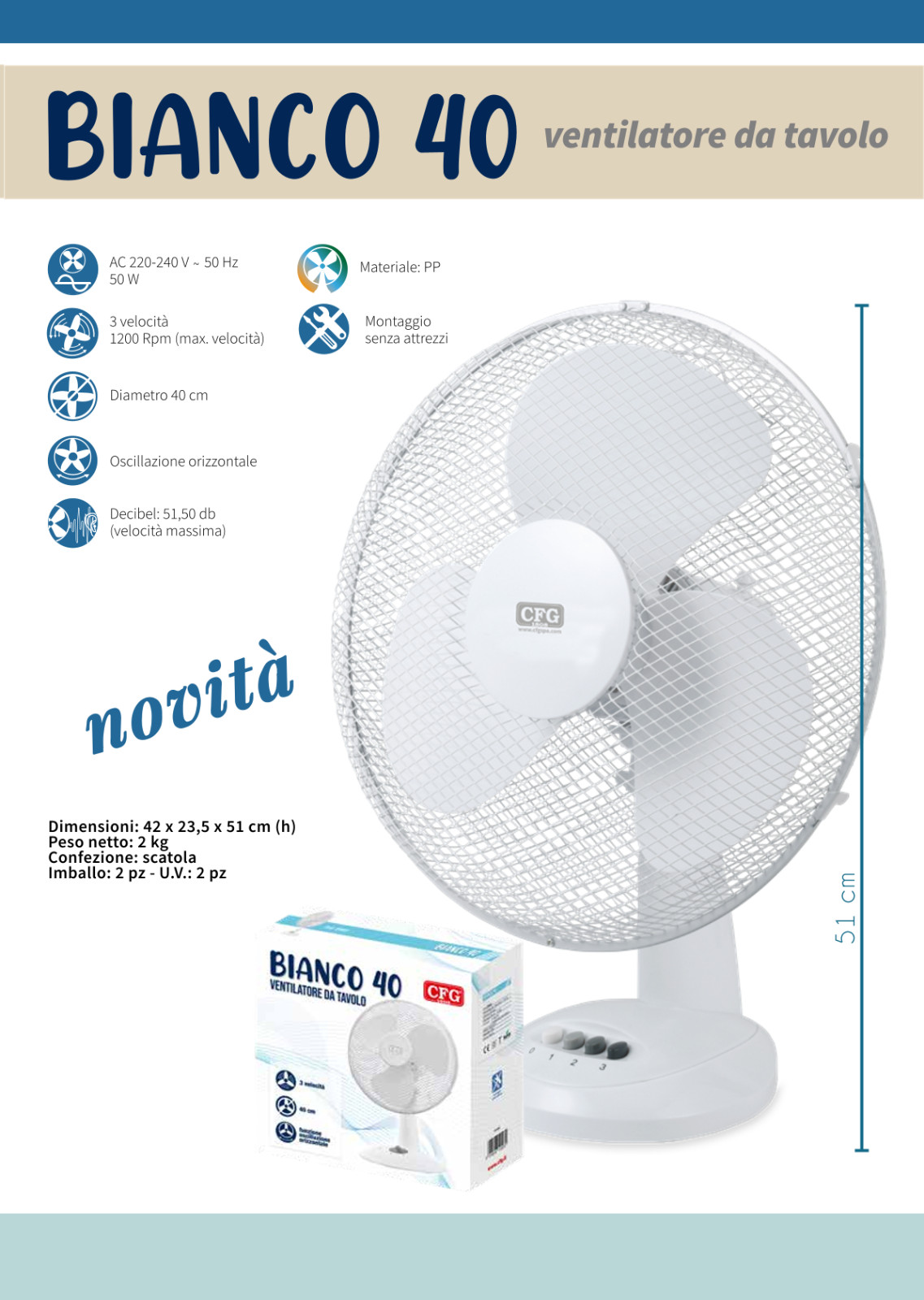 Ventilatore da Tavolo Oscillante 3 Velocita' cfg ev110 Casa Bianco 40cm Terra foto 5