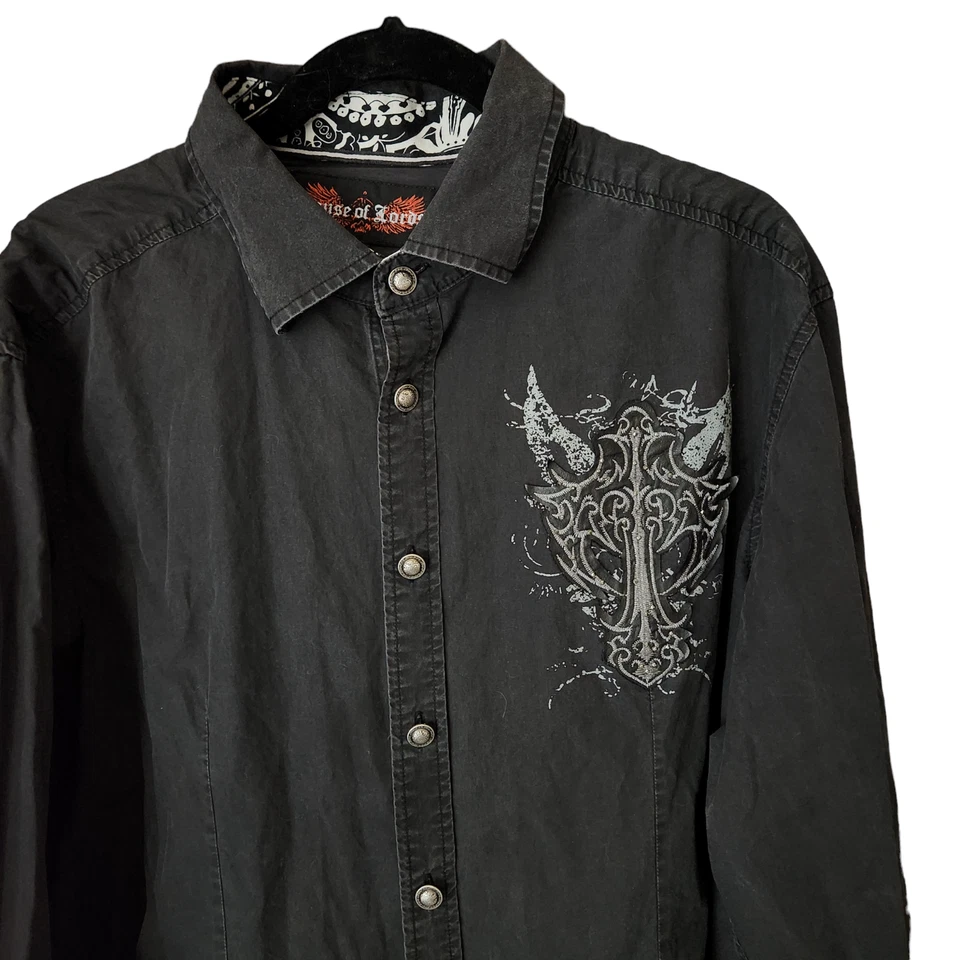 Y2K House of Lords Shirt Mens XXL Black Embroidered Metal Button Gothic Dragon - Image 4 of 4