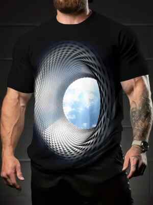 3D Hole Graphic Printed Crew Neck Short Sleeve T-shirt For Men, Casual T-shirt