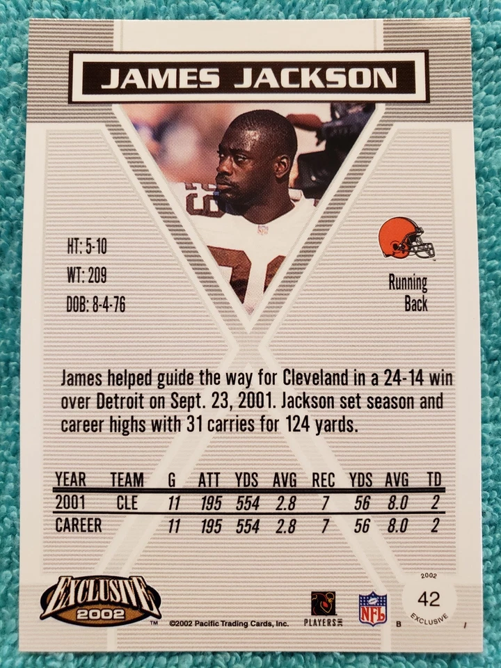 2002 PACIFIC EXCLUSIVE JAMES JACKSON #42 CLEVELAND BROWNS - Image 4 of 4