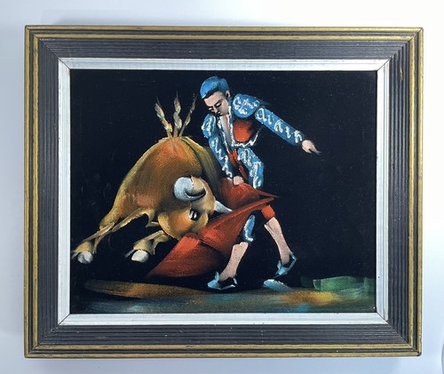 Vintage Stierkampfszene Matador und Stier Gemälde auf Samt gerahmt - Bild 10 von 13