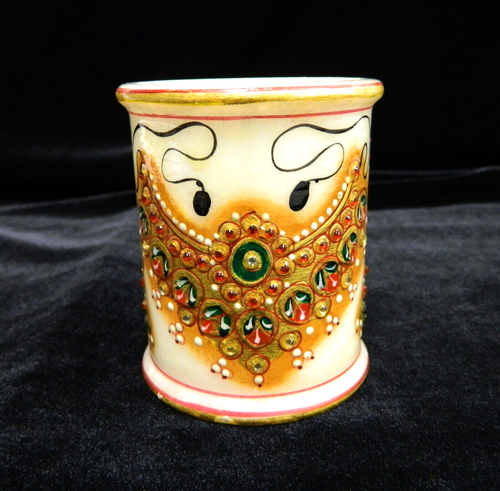 VTG Alabaster JEWELED Pen Pencil Holder HINGED BOX Office Desk INDIA Fast Ship - Picture 5 of 15