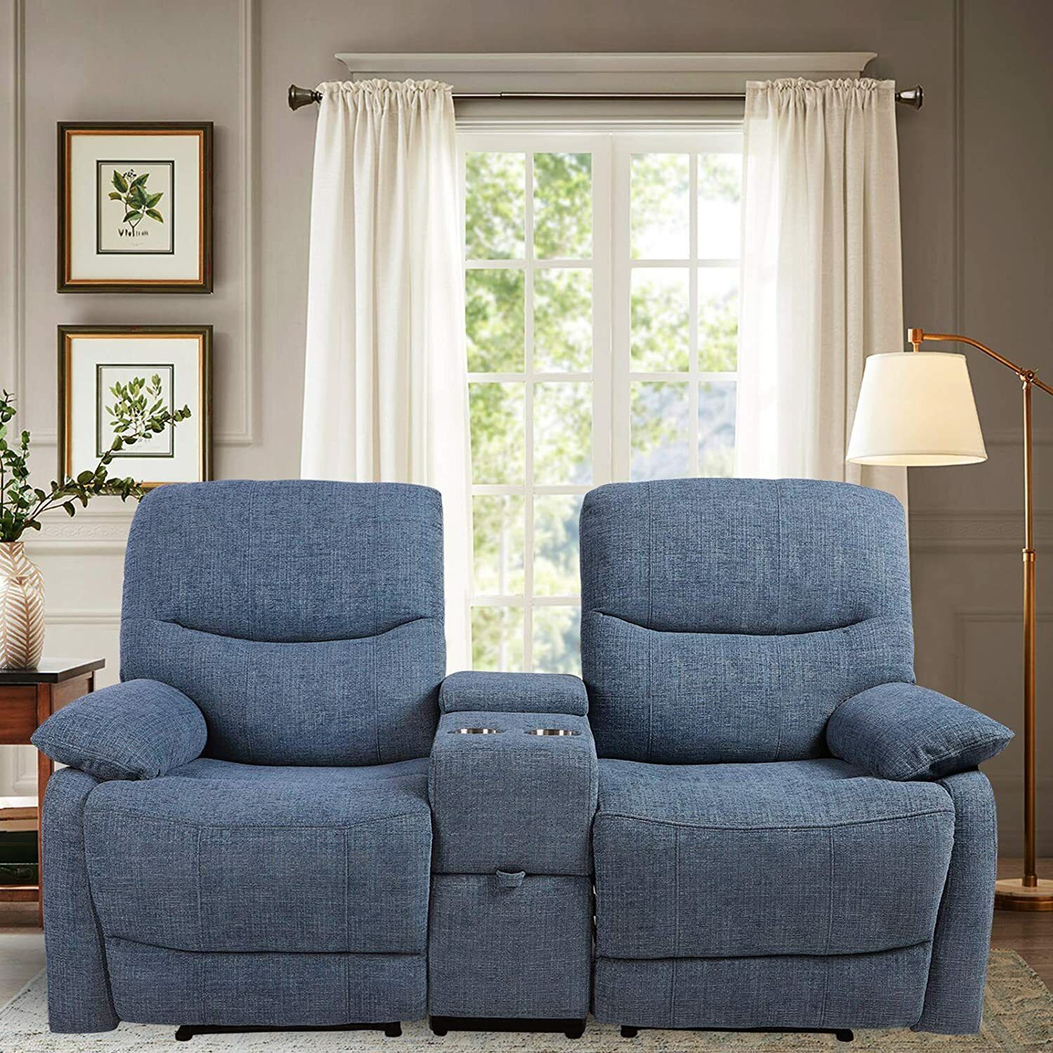 Modern Double Loveseat Recliner Fabric Reclining Couch Sofa w/ Drawer Cup Holder