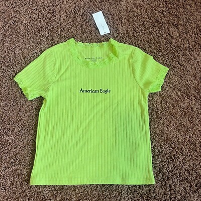 American Eagle Kids Ribbed Lace Trim T-Shirt Short Sleeve Size 10 Neon Green NWT