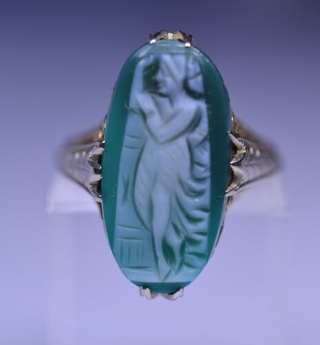 ANTIQUE VICTORIAN 10K GOLD GREEN AGATE STONE CAMEO FILIGREE RING SIZE 4.25 - 第 1/5 張圖片