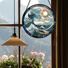 Stained Glass Window Hanging - White Sun Big Wave Suncatcher for Door Terrace...