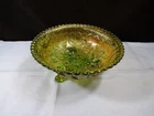 Vintage Imperial Green Carnival Glass Lustre Rose 3 Toed Bowl 7 1/4" Wide INV2