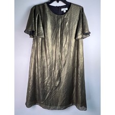 H By Halston Womens Metallic Gold Overlay Flutter Sleeve Sheath Dress Size S