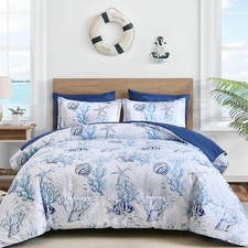 Coastal King Size Comforter,7 Pieces Beach King 104" 90" Coral Starfish