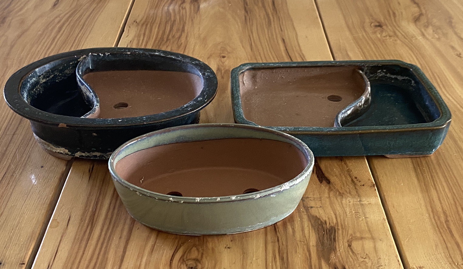 Vintage Japanese Mizutani Handmade Glazed Ceramic Bonsai Pot Set of 3