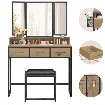Artisan Kosmetik-Schminktisch - schwarzer Spiegel, Pouf, Föhnhalter, Schubladen