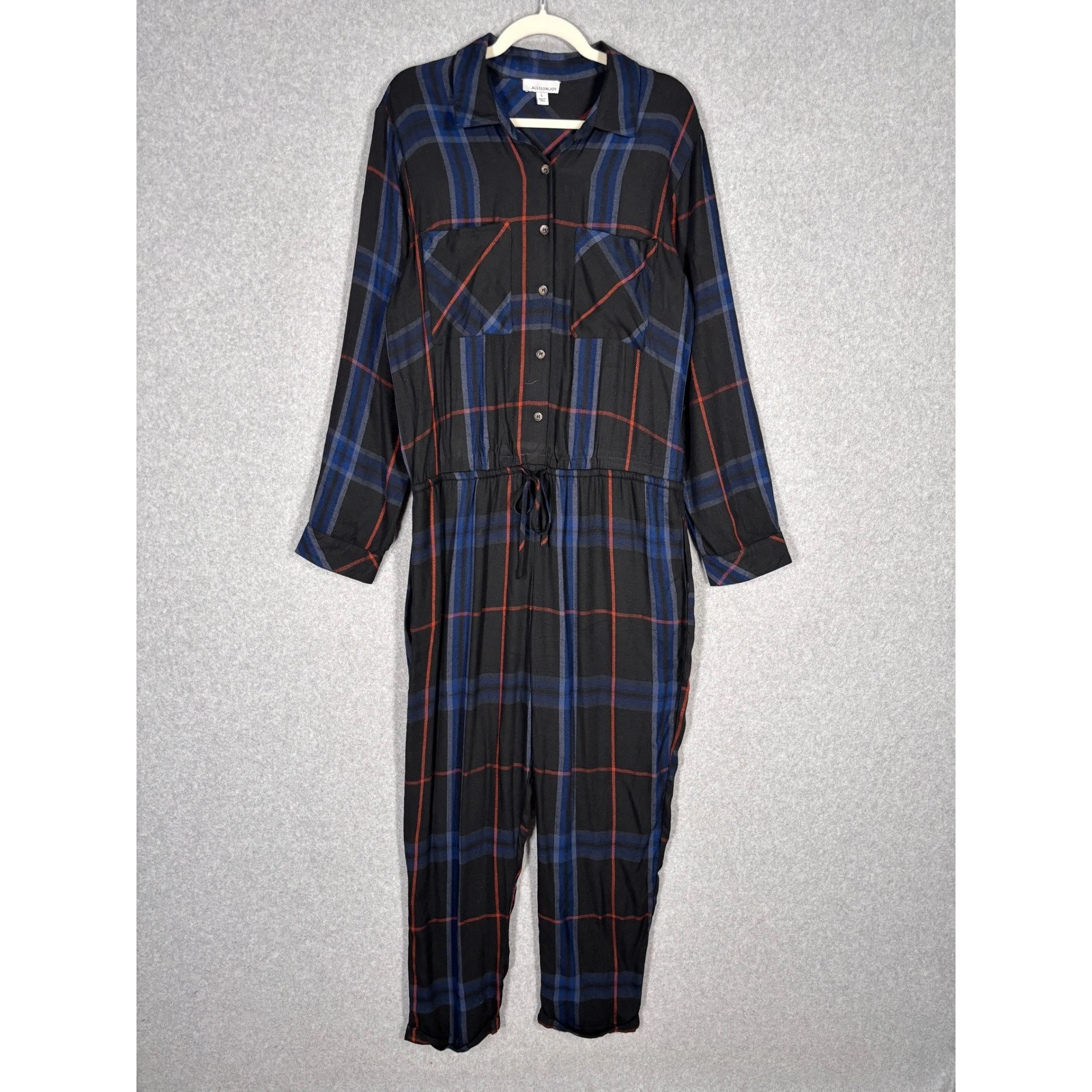 Allison Joy Sophia Plaid Jumpsuit Large Pockets Shirt Button Coveralls Utility