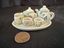 1940  s VINTAGE MINIATURE PORCELAIN TEA SET 8 pieces FLOWERS GOLD TRIM MINT
