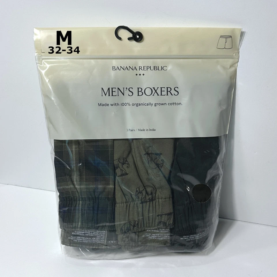 Calzoncillos boxer lisos a cuadros de elefantes medianos Banana Republic para hombre 3 pares Foto 3 de 3