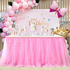 6ft Pink Tulle Table Skirt with LED Lights Tulle Tablecloth for Princess Party