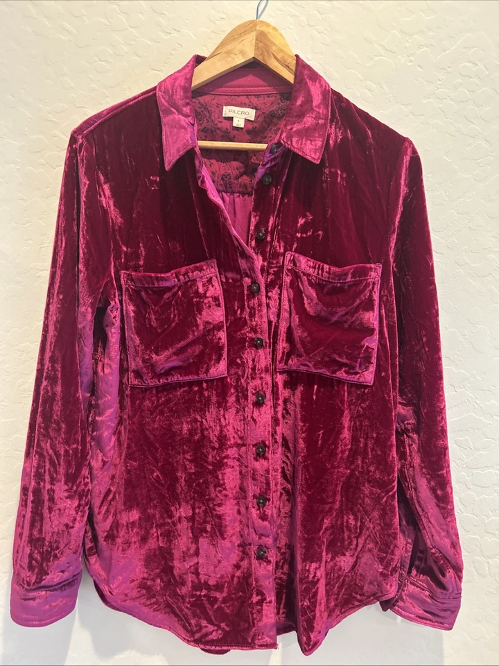 Camisa Clásica Anthropologie Pilcro Terciopelo Frambuesa Triturada Mujer Botón S Boho Foto 2 de 4