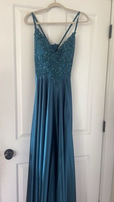 Teal/ Green corset back prom dress, satin with detailed top